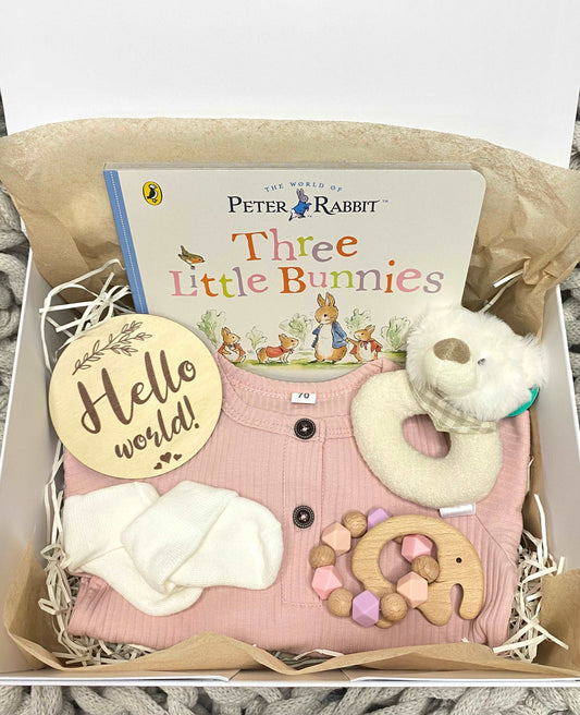 A new baby hamper for a baby girl, including a pink romper, plush animal rattle, silicone teether, hello world plaque and a Beatrix Potter Peter Rabbit storybook. A prefect babygift