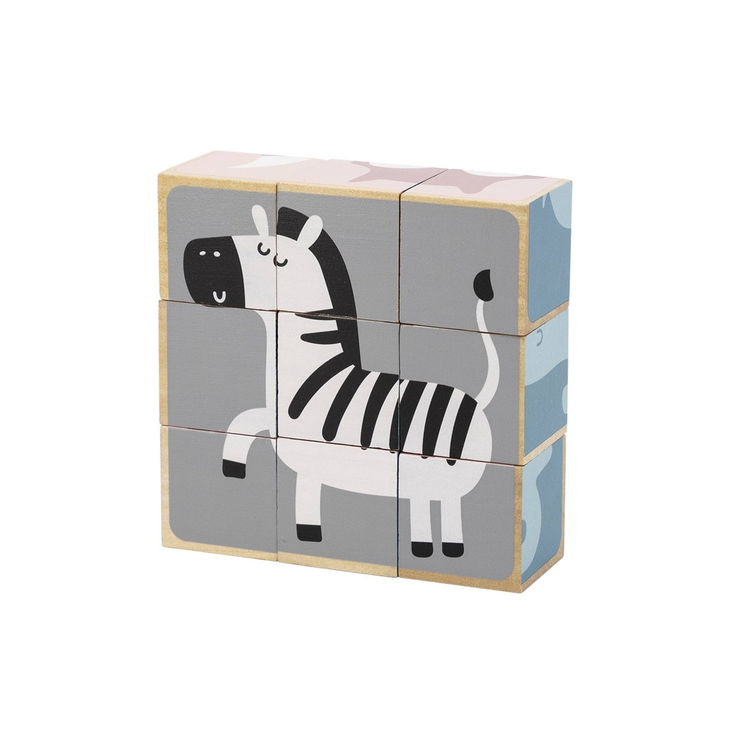 A 6-sided wooden toy puzzle made by PolarB, featuring nine cube blocks assembled in a wooden tray. The blocks display a cheerful cartoon zebra on a grey background, forming one of the six potential puzzle images. The wooden tray sits behind the assembled cubes, with other puzzle designs visible on the sides.