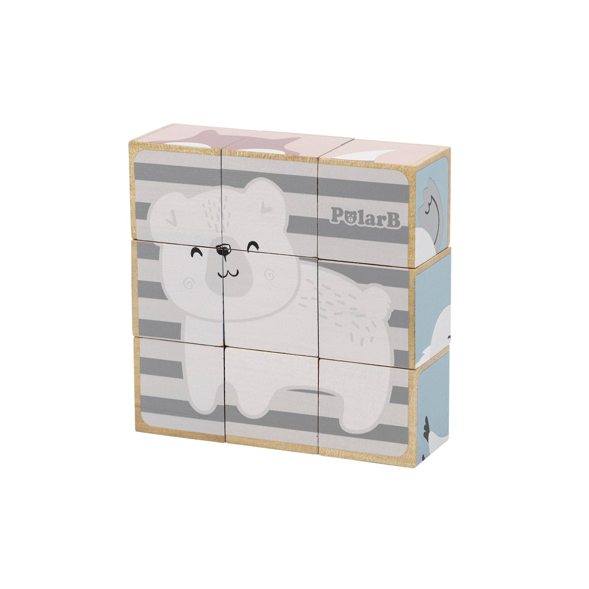 A 6-sided wooden toy puzzle made by PolarB, featuring nine cube blocks assembled in a wooden tray. The blocks display a cheerful cartoon polar bear on a striped background, forming one of the six potential puzzle images. The wooden tray sits behind the assembled cubes, with other puzzle designs visible on the sides.