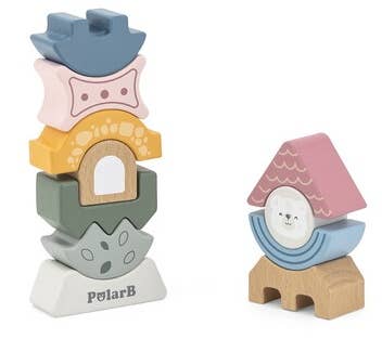 A wooden block tower toy puzzle made by PolarB, featuring uniquely shaped and brightly colored pieces stacked vertically. The blocks include various geometric and abstract shapes, such as arches, waves, and a triangle at the top with a smiling bear face. The base of the tower is labeled ‘PolarB.