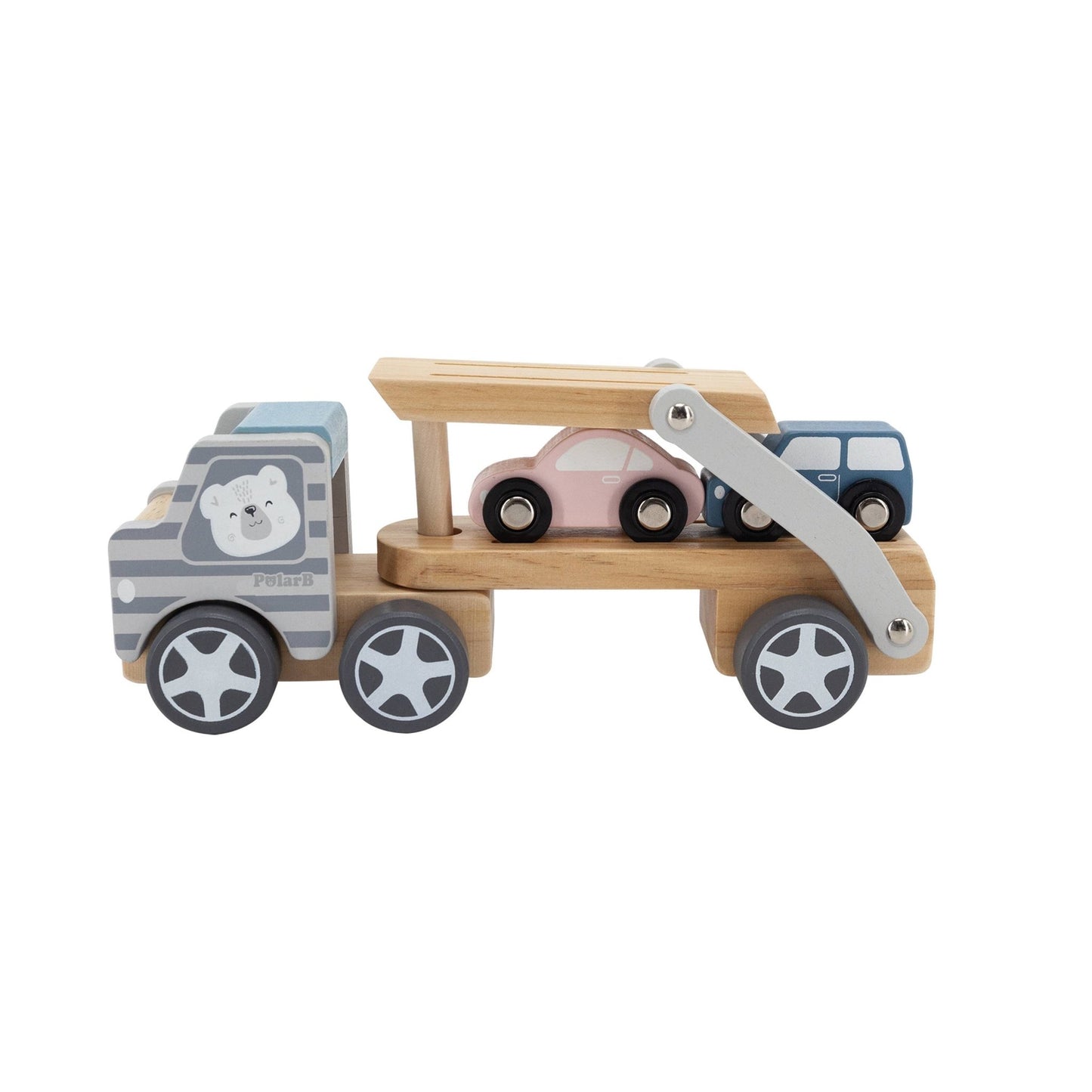 A wooden toy car transporter made by PolarB, featuring a light brown carrier truck with a gray-striped cab, an illustrated bear on the side, and a movable two-level ramp. The set includes three small wooden toy cars in pastel yellow, pink, and blue, designed to be loaded onto the carrier.