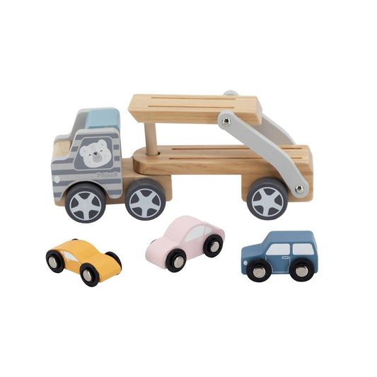 A wooden toy car transporter made by PolarB, featuring a light brown carrier truck with a gray-striped cab, an illustrated bear on the side, and a movable two-level ramp. The set includes three small wooden toy cars in pastel yellow, pink, and blue, designed to be loaded onto the carrier.