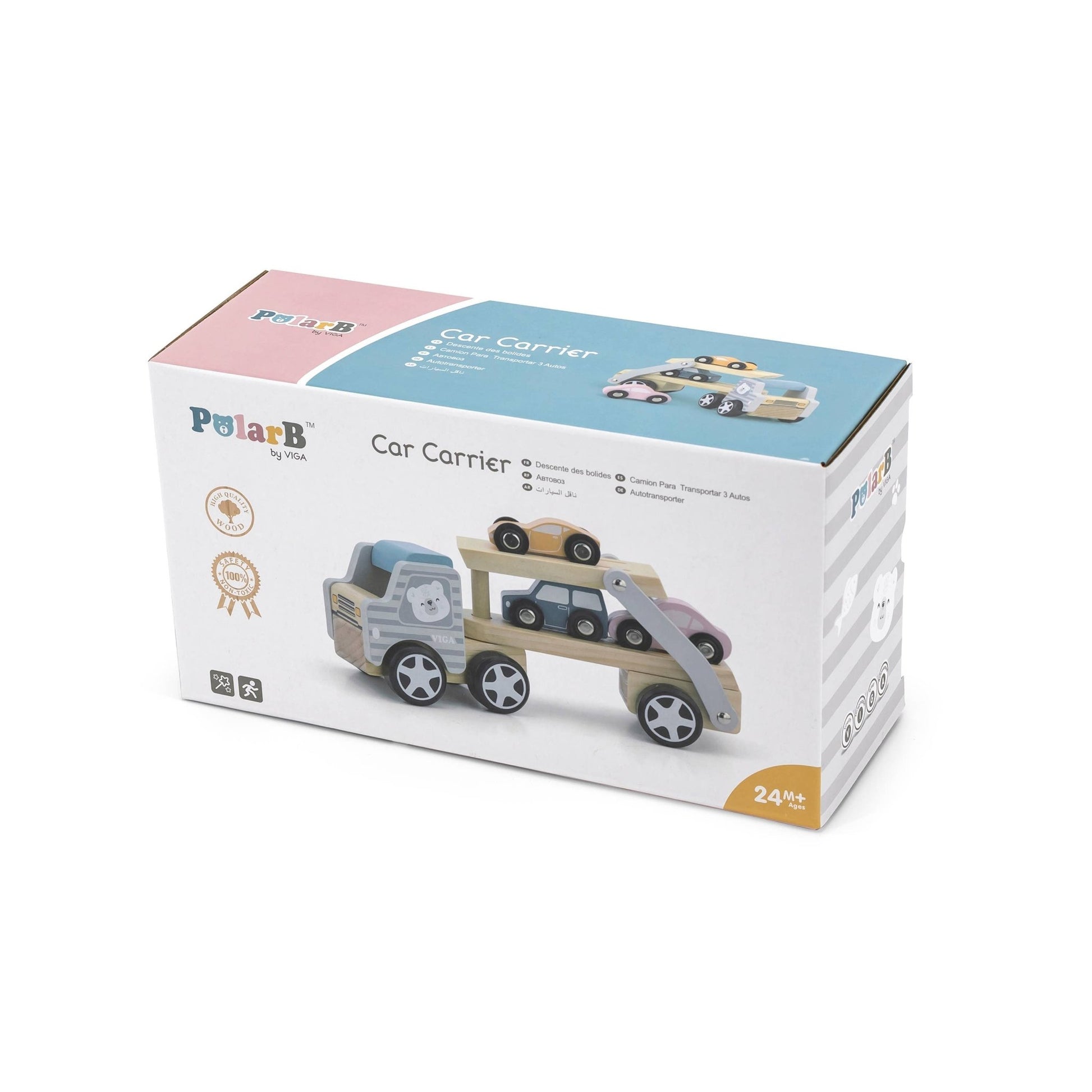 A wooden toy car transporter made by PolarB, featuring a light brown carrier truck with a gray-striped cab, an illustrated bear on the side, and a movable two-level ramp. The set includes three small wooden toy cars in pastel yellow, pink, and blue, designed to be loaded onto the carrier.