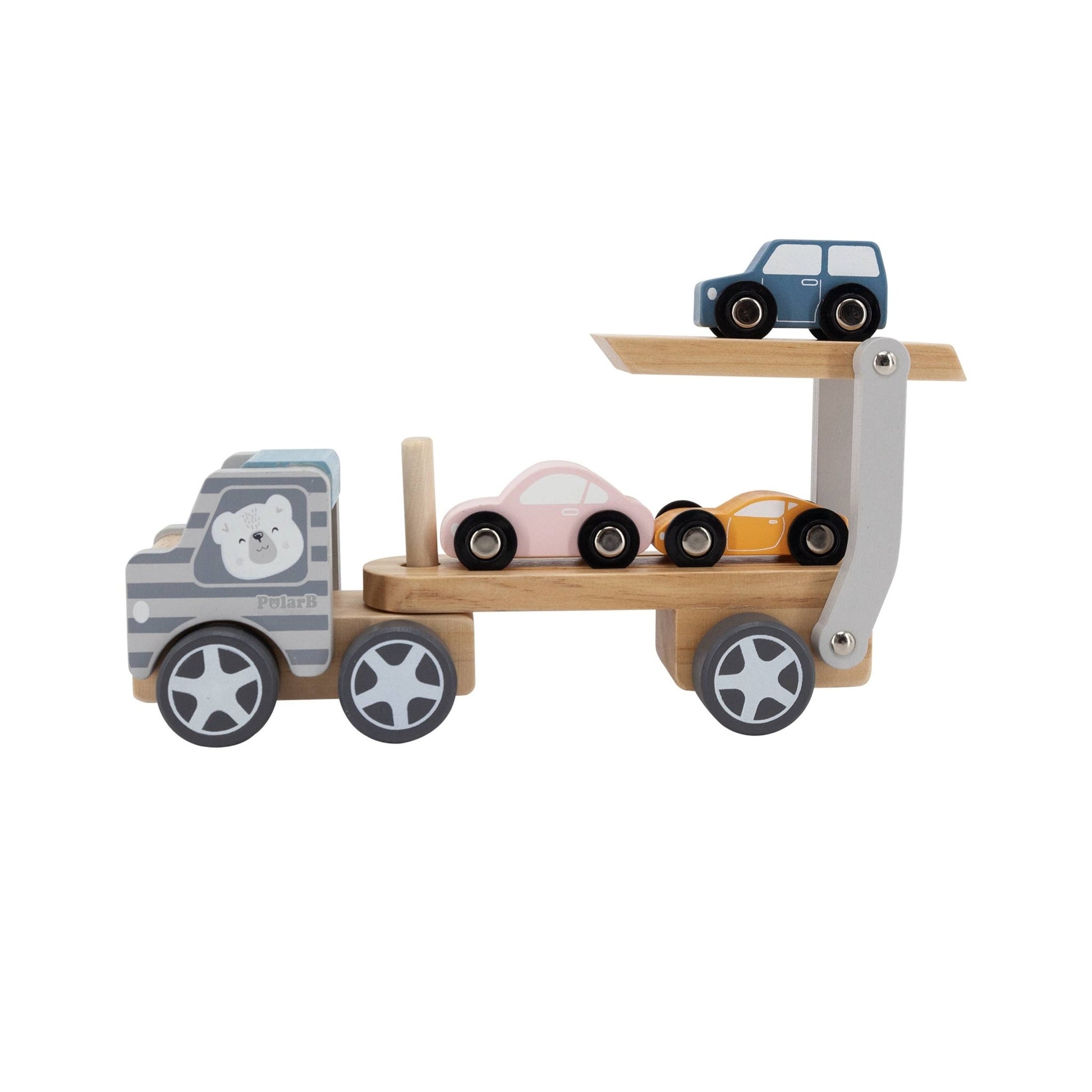 A wooden toy car transporter made by PolarB, featuring a light brown carrier truck with a gray-striped cab, an illustrated bear on the side, and a movable two-level ramp. The set includes three small wooden toy cars in pastel yellow, pink, and blue, designed to be loaded onto the carrier.