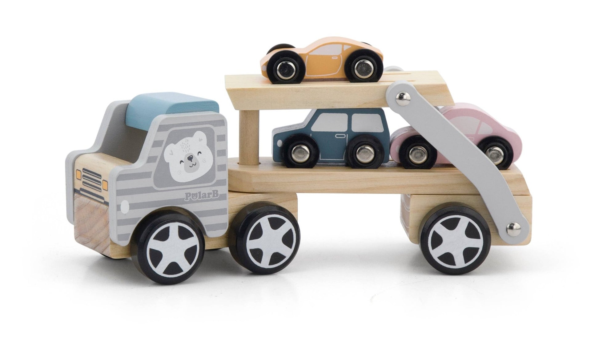 A wooden toy car transporter made by PolarB, featuring a light brown carrier truck with a gray-striped cab, an illustrated bear on the side, and a movable two-level ramp. The set includes three small wooden toy cars in pastel yellow, pink, and blue, designed to be loaded onto the carrier.