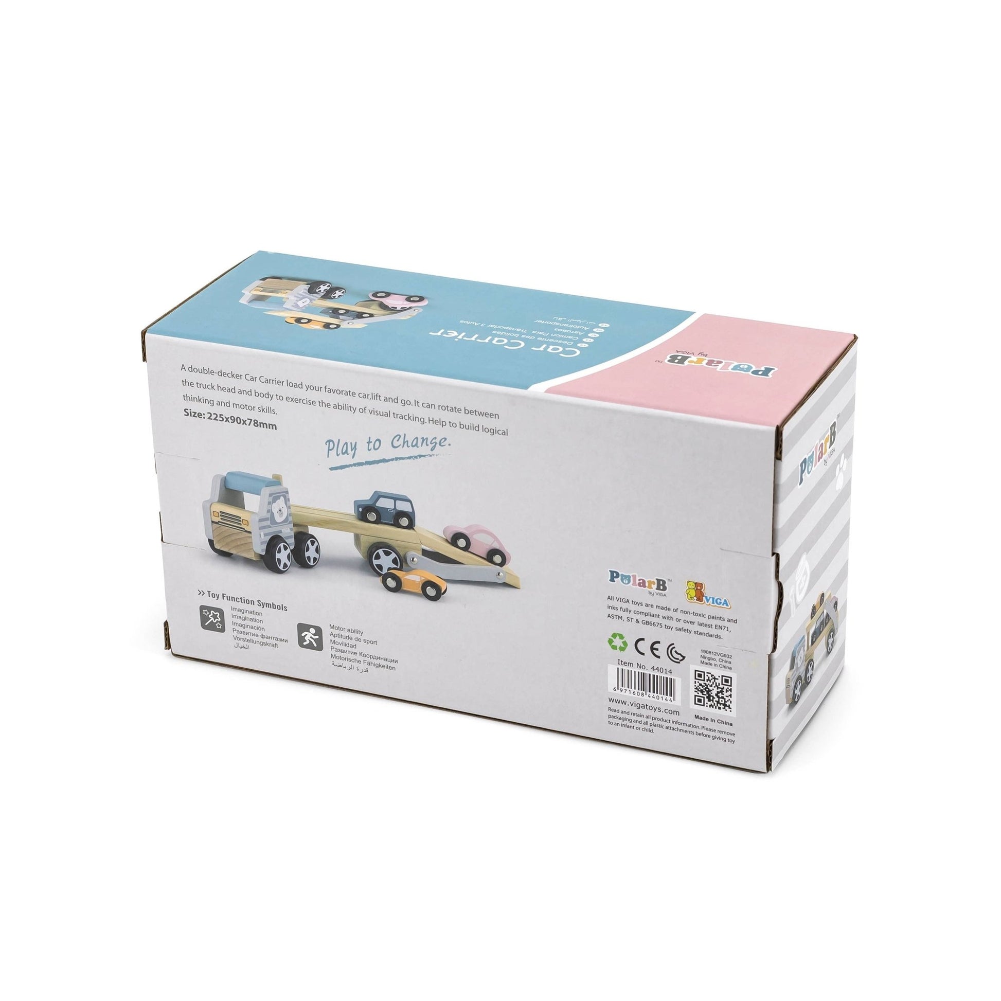 A wooden toy car transporter made by PolarB, featuring a light brown carrier truck with a gray-striped cab, an illustrated bear on the side, and a movable two-level ramp. The set includes three small wooden toy cars in pastel yellow, pink, and blue, designed to be loaded onto the carrier.