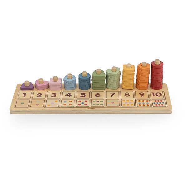 A wooden toy count & sort made by PolarB. The toy features a wooden base with ten pegs, each numbered from 1 to 10, with corresponding colorful wooden discs stacked on top. Below each number, there’s a visual representation of the quantity, helping children learn to count and match the discs to the numbers.