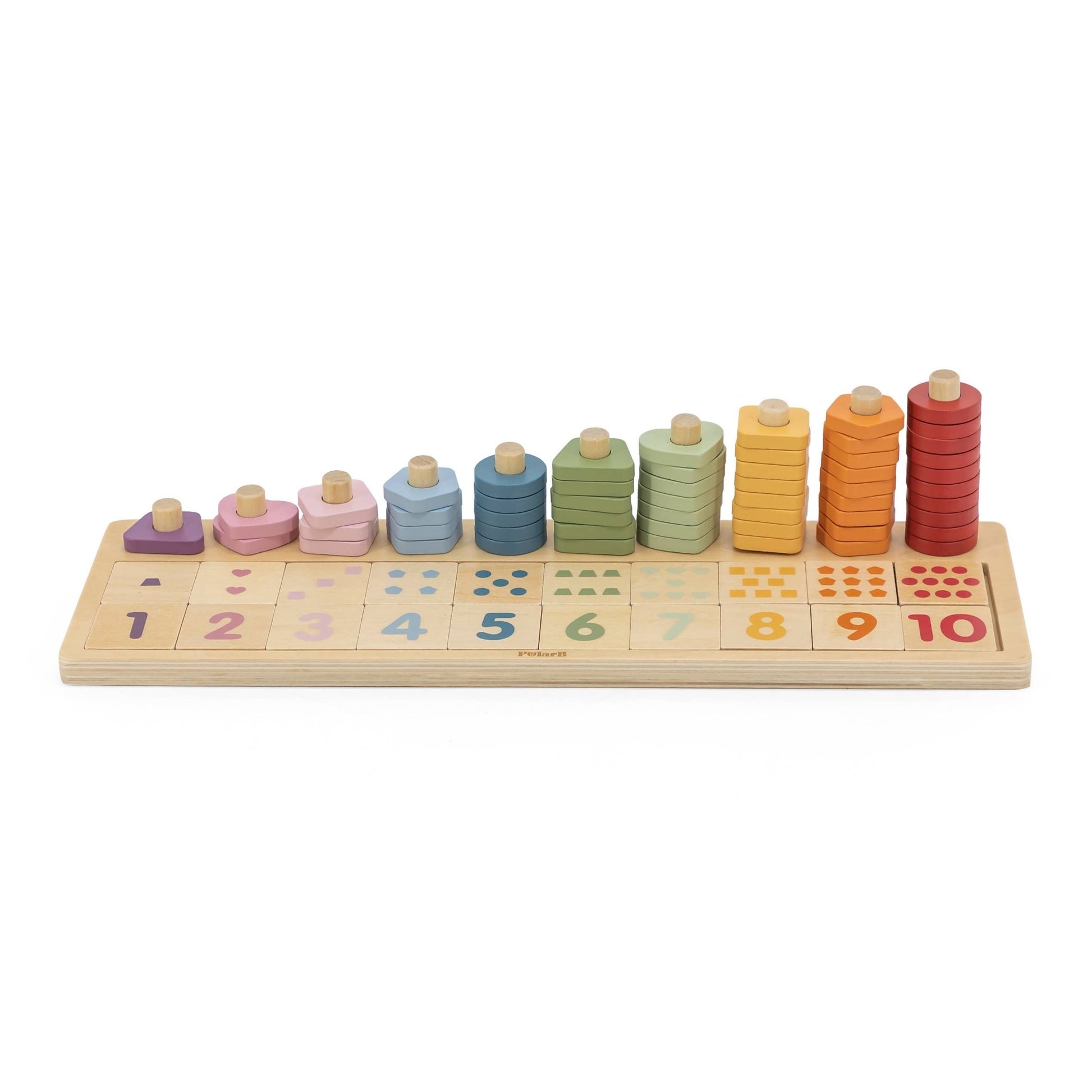 A wooden toy count & sort made by PolarB. The toy features a wooden base with ten pegs, each numbered from 1 to 10, with corresponding colorful wooden discs stacked on top. Below each number, there’s a visual representation of the quantity, helping children learn to count and match the discs to the numbers.