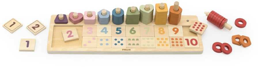 A wooden toy count & sort made by PolarB. The toy features a wooden base with ten pegs, each numbered from 1 to 10, with corresponding colorful wooden discs stacked on top. Below each number, there’s a visual representation of the quantity, helping children learn to count and match the discs to the numbers.