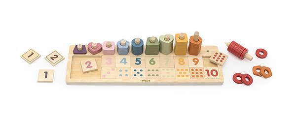 A wooden toy count & sort made by PolarB. The toy features a wooden base with ten pegs, each numbered from 1 to 10, with corresponding colorful wooden discs stacked on top. Below each number, there’s a visual representation of the quantity, helping children learn to count and match the discs to the numbers.