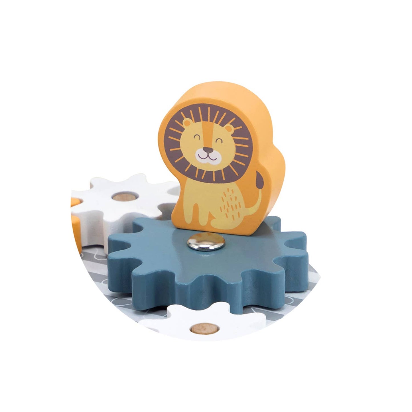 A wooden toy gear puzzle made by PolarB, featuring a circular base with colorful interlocking gears in shades of blue, yellow, pink, and white. The puzzle includes animal figures, such as a blue elephant, pink fox and an orange lion, which can be placed on top of the gears.