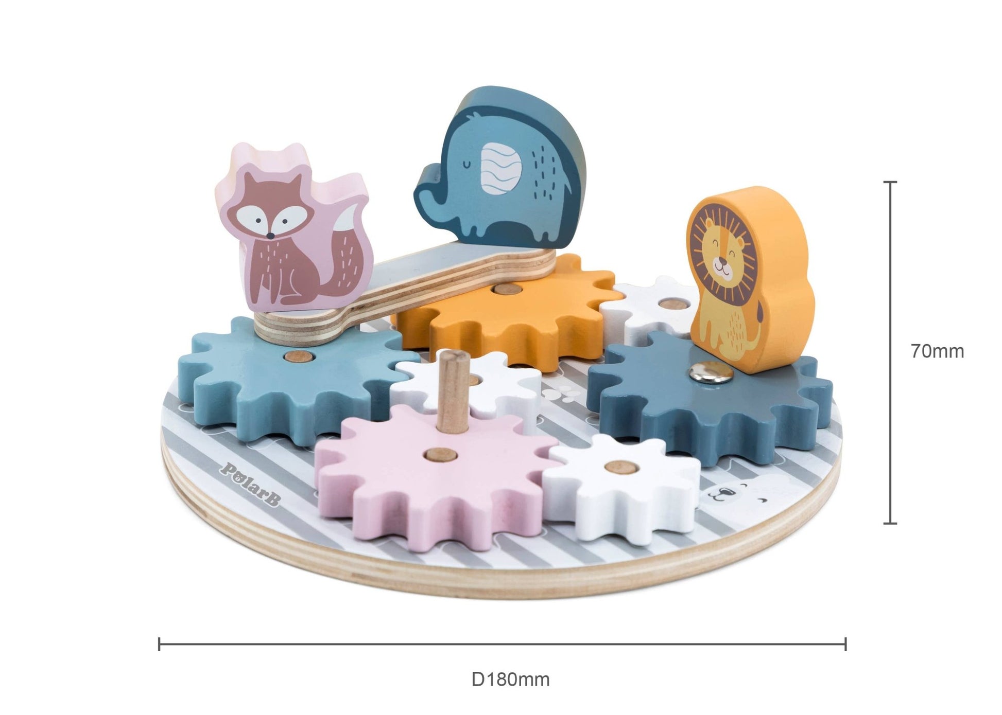 A wooden toy gear puzzle made by PolarB, featuring a circular base with colorful interlocking gears in shades of blue, yellow, pink, and white. The puzzle includes animal figures, such as a blue elephant, pink fox and an orange lion, which can be placed on top of the gears.