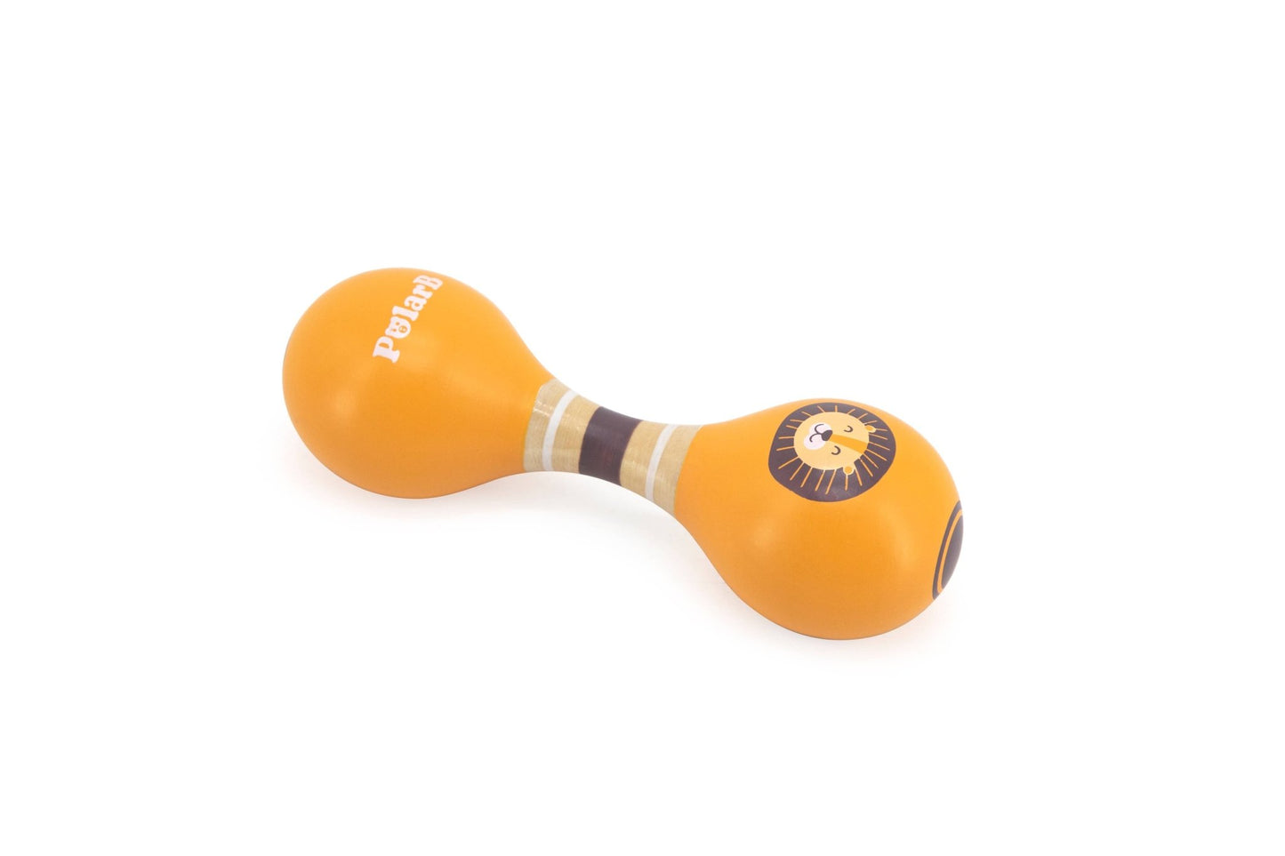 A yellow wooden baby maraca made by PolarB, featuring two rounded ends connected by a striped handle. The maraca has the PolarB logo and a small animal illustration on one end.