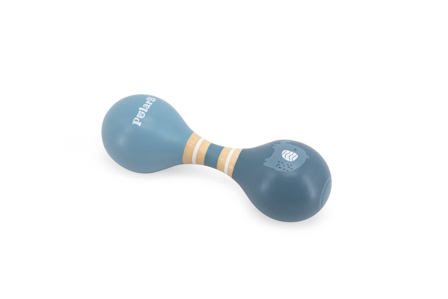 A blue wooden baby maraca made by PolarB, featuring two rounded ends connected by a striped handle. The maraca has the PolarB logo and a small animal illustration on one end.