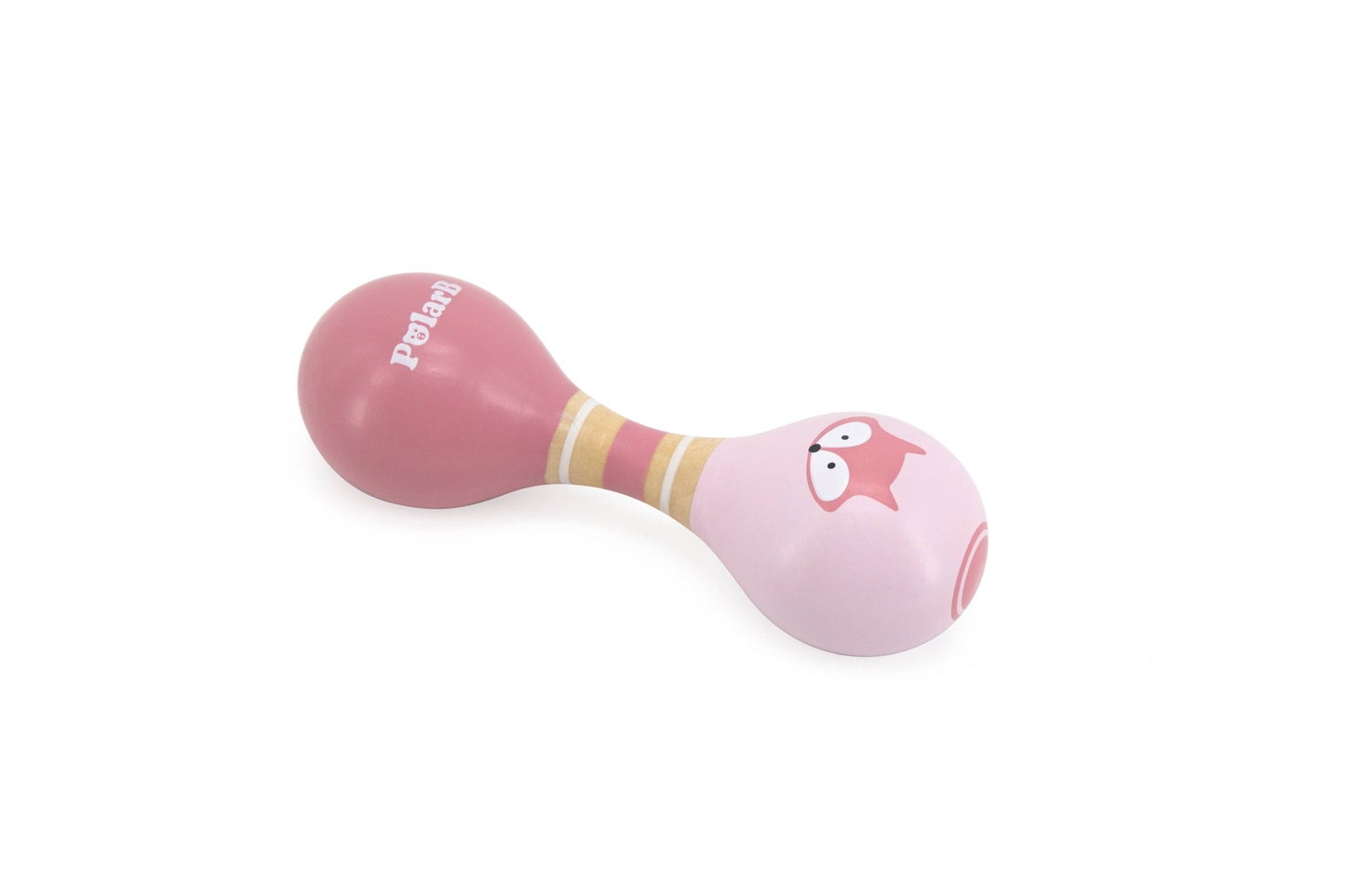 A pink wooden baby maraca made by PolarB, featuring two rounded ends connected by a striped handle. The maraca has the PolarB logo and a small animal illustration on one end.