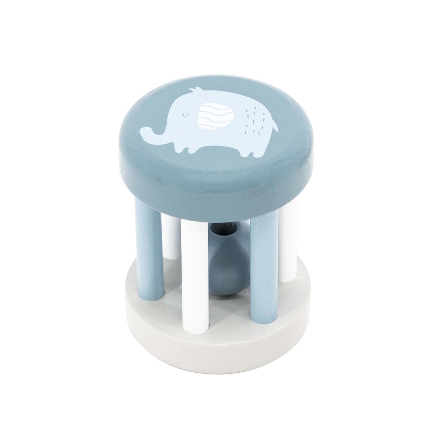 A wooden baby rattle made by PolarB, with a round top featuring an animal illustration, a blue rattle with an elephant. The rattle has cylindrical bars and enclosed balls that make sound when shaken.