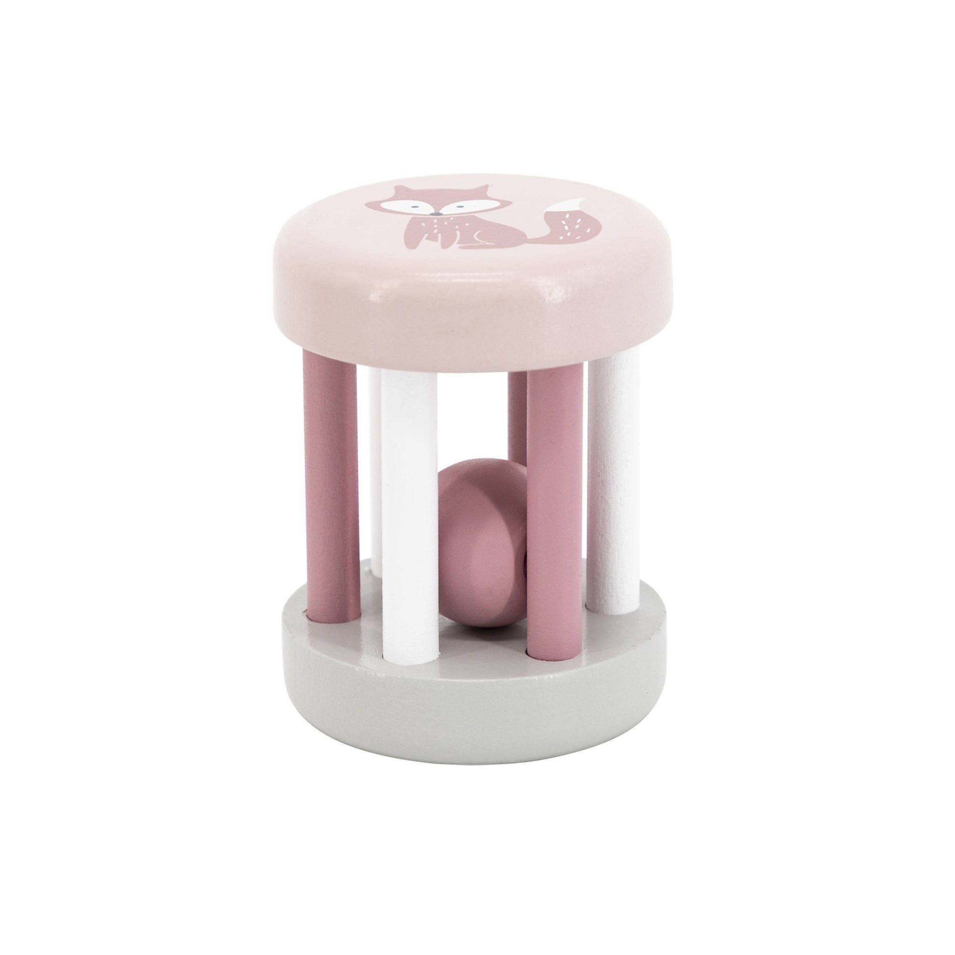 A wooden baby rattle made by PolarB, with a round top featuring an animal illustration, a pink rattle with a fox. The rattle has cylindrical bars and enclosed balls that make sound when shaken.